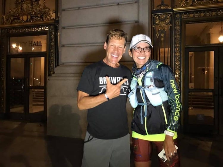   Sandy is joined by ultra star Dean Karnazes, former Race SLO Ambassador and Cal Poly SLO alum, at her San Francisco start.  
